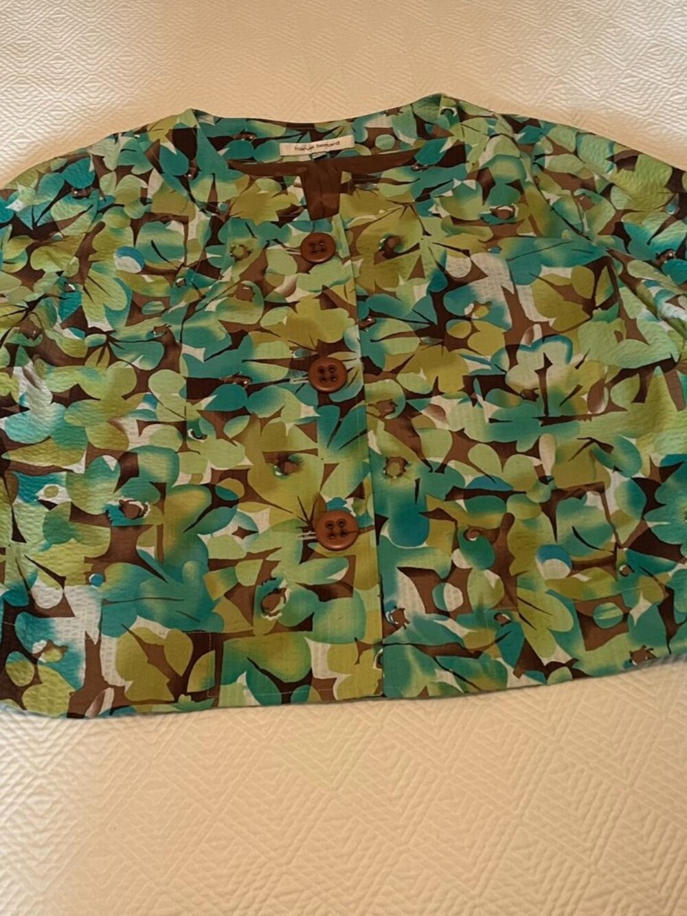 Harve Benard Women Large Floral Seersucker Cropped Jacket Turquoise Green Brown